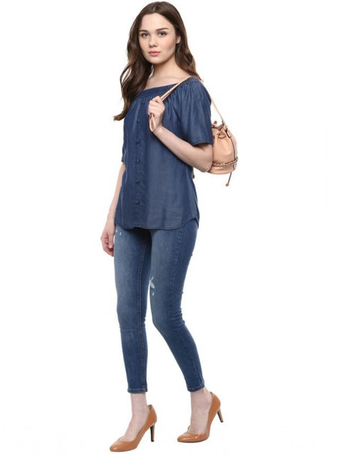 Generic Women's Denim Solid Short Sleeve Regular Top (Blue)