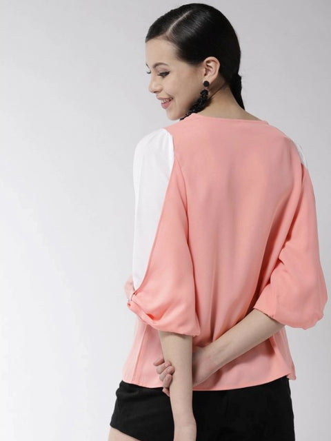 Generic Women's Polyester Colour Block Slit Sleeve Top (Pink)