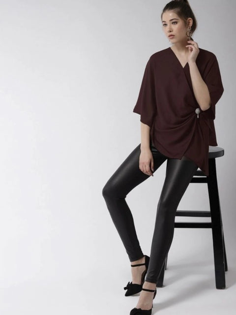 Generic Women's Polyester Solid Cape Sleeve Top (Maroon)