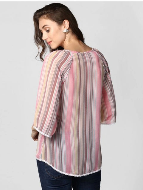 Generic Women's Polyester Striped 3-4th Sleeves Top (Pink)