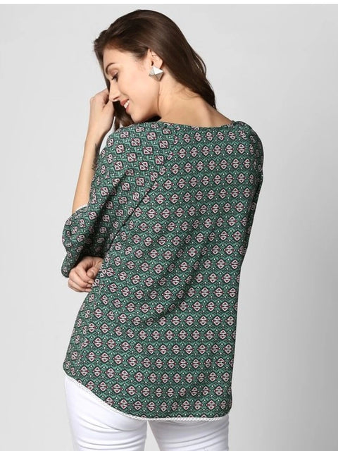 Generic Women's Polyester Printed 3-4th Sleeves Top (Green)
