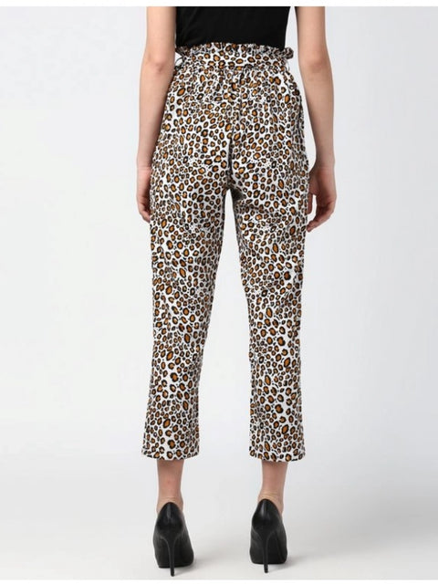 Generic Women's Polyester Animal Print Elasticated Trousers (White - Yellow)