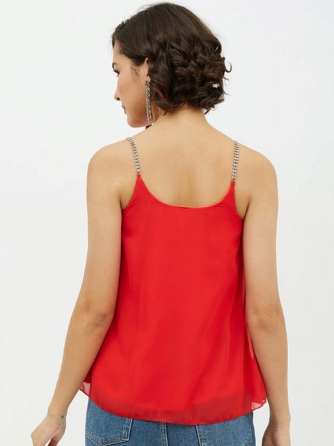 Generic Women's Polyester Embellished Shoulder Straps Top (Red)