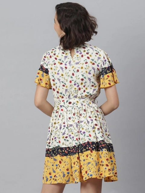 Generic Women's Polyester Floral Flutter Above Knee Dress (Multicolor)
