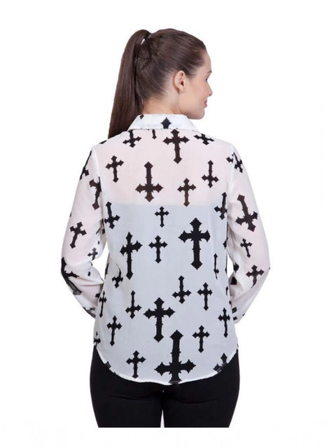 Generic Women's Polyester Printed Long Sleeves Standard Length Shirt (White)