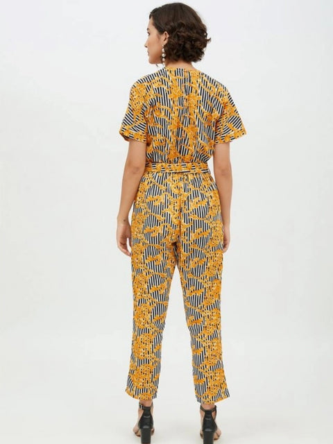 Generic Women's Polyester Printed Half Sleeve Long Jumpsuit (Yellow)