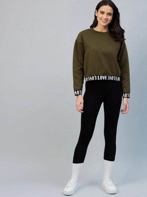 Generic Women's Fleece Solid Long Sleeves Sweatshirt (Olive)