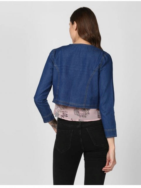Generic Women's Denim Ruffled Long Sleeves Shrug (Navy Blue)
