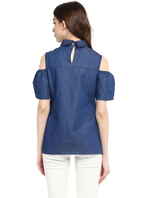 Generic Women's Denim Solid Cold Shoulder Regular Top (Blue)