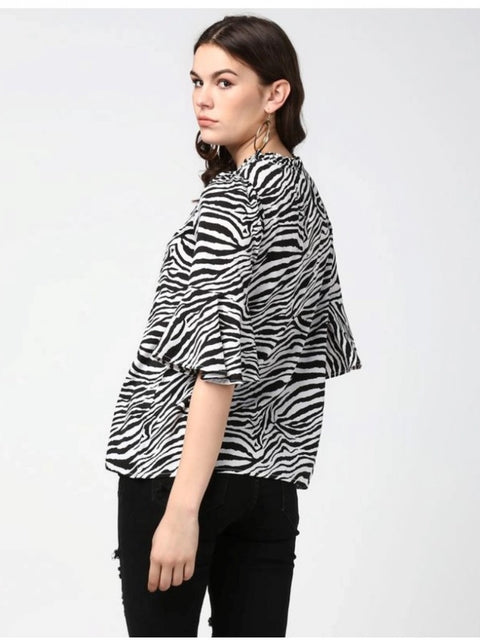 Generic Women's Polyester Animal Print Bell Sleeve Top (Black - White)