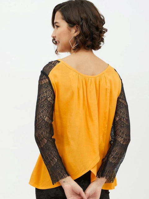 Generic Women's Rayon Lace Inserts Long Sleeves Top (Yellow)