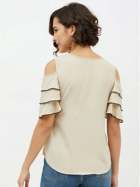 Generic Women's Polyester Tiered Cold Shoulder Top (Beige)