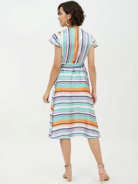Generic Women's Satin Striped Short Sleeve Knee-Length Dress (Multicolor)