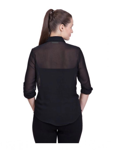 Generic Women's Polyester Printed Roll Up Sleeve Standard Length Shirt (Black)