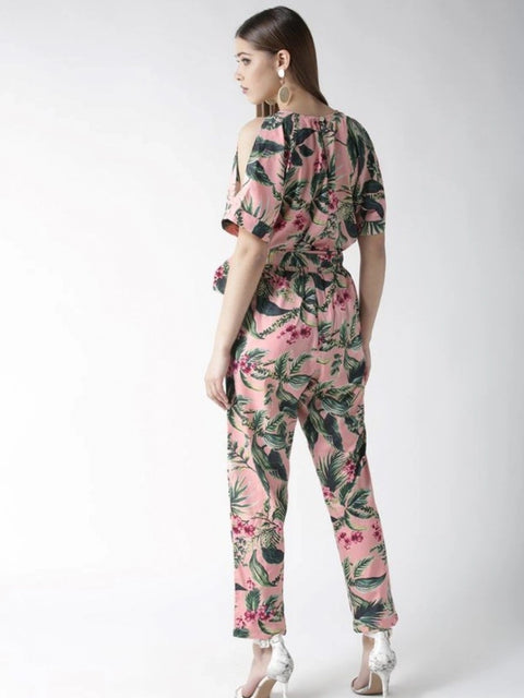 Generic Women's Polyester Floral Half Sleeve Jumpsuit (Pink)