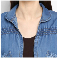 Generic Women's Denim Smocking 3-4th Sleeves Shrug (Blue)
