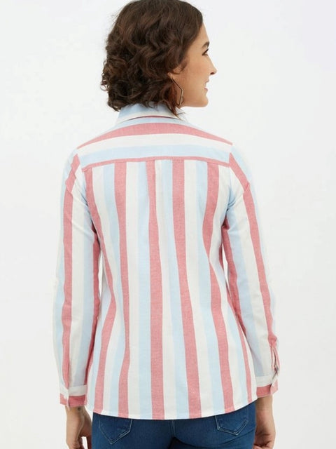 Generic Women's Cotton Striped Long Sleeves Standard Length Shirt (Pink)