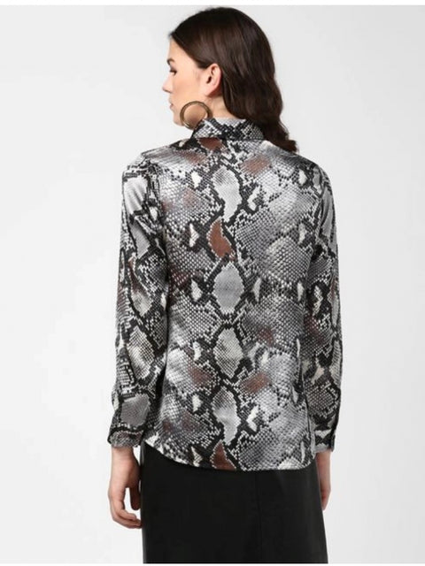 Generic Women's Satin Animal Print Long Sleeves Standard Length Shirt (Black - Grey)