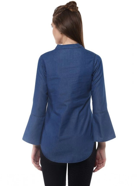 Generic Women's Denim Solid Bell Sleeve Regular Top (Blue Denim)