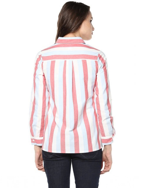 Generic Women's Cotton Striped Roll Up Sleeve Regular Top (Red)