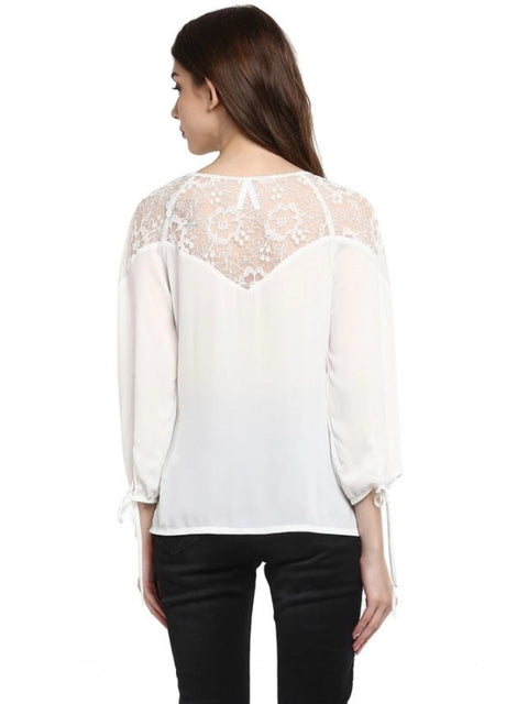 Generic Women's Polyester Georgette Self Design 3-4th Sleeves Regular Top (White)