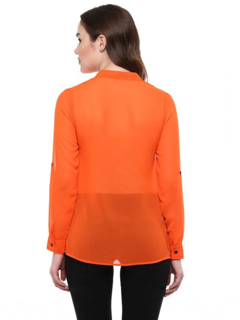 Generic Women's Polyester Solid Long Sleeves Regular Top (Orange)
