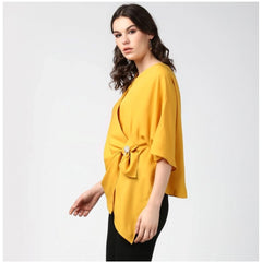 Generic Women's Polyester Solid Cape Sleeve Top (Yellow)