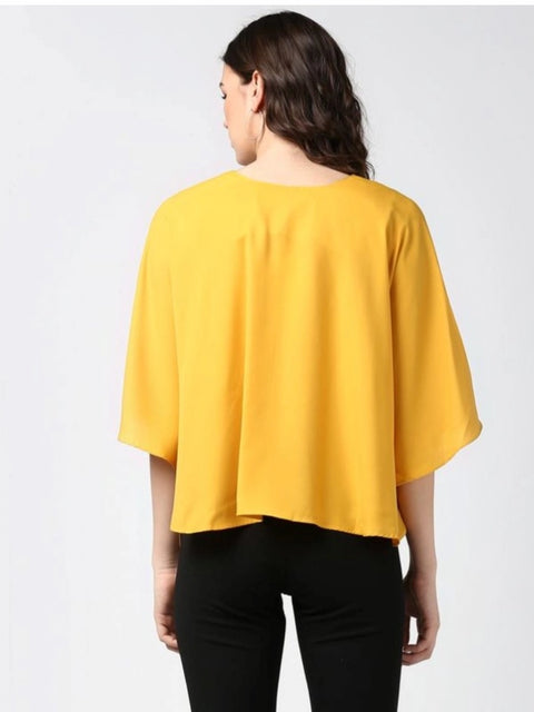 Generic Women's Polyester Solid Cape Sleeve Top (Yellow)