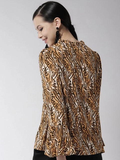 Generic Women's Polyester Printed Bell Sleeve Top (Orange - Black)