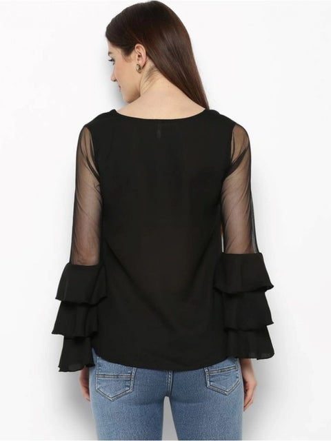 Generic Women's Polyester Solid Tier Sleeve Top (Black)
