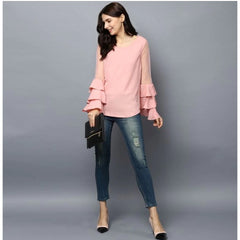 Generic Women's Polyester Solid Tier Sleeve Top (Pink)