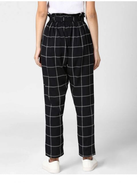 Generic Women's Polyester Checkered Elasticated Trousers (Black - White)