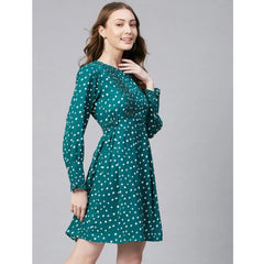 Generic Women's Polyester Polka Long Sleeves Above Knee Dress (Green - White)