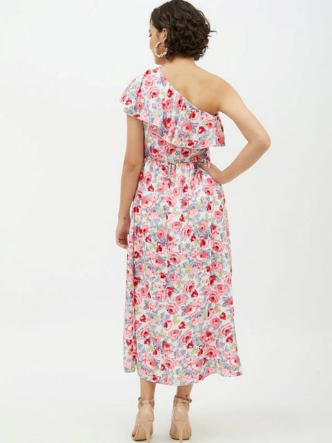 Generic Women's Polyester Floral One Shoulder Calf-length Dress (Multicolor)