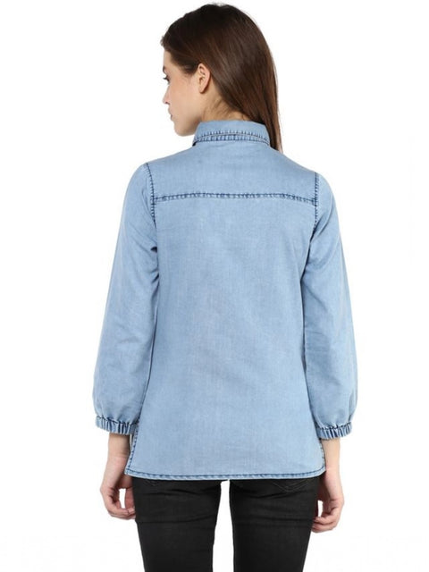 Generic Women's Denim Solid 3-4th Sleeves Standard Length Shirt (Blue)