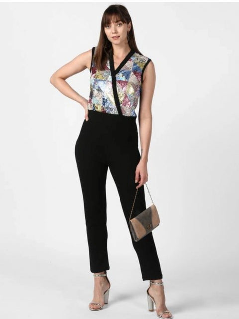 Generic Women's Polyester Embellished Sleeveless Jumpsuit (Black)