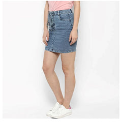 Generic Women's Denim Draw String Buttoned Skirt (Blue)