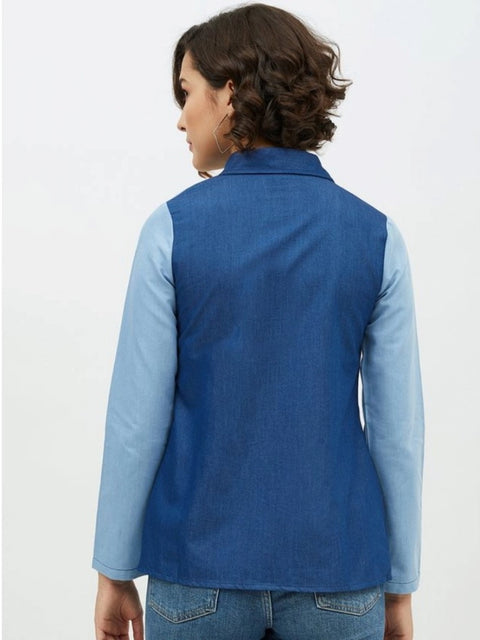Generic Women's Denim Patch Work Long Sleeves Standard Length Shirt (Blue)
