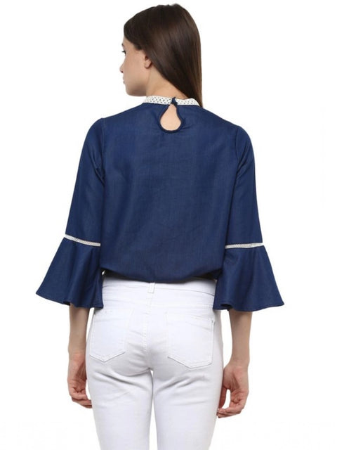 Generic Women's Polyester Solid Bell Sleeve Regular Top (Blue)