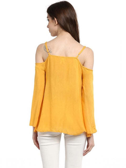 Generic Women's Rayon Embellished Cold Shoulder Regular Top (Mustard Yellow)