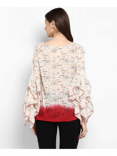 Generic Women's Rayon Crepe Printed Ruffle Sleeve Top (Off White - Red)