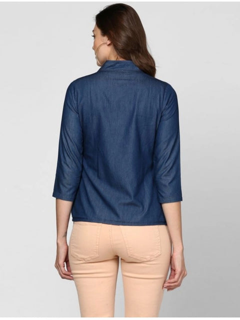 Generic Women's Denim Solid 3-4th Sleeves Top (Blue)