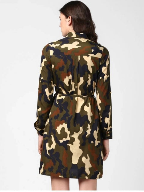 Generic Women's Polyester Printed Roll Up Sleeve Tunic Top (Green - Black)