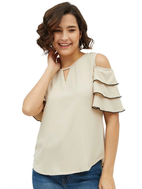 Generic Women's Polyester Tiered Cold Shoulder Top (Beige)