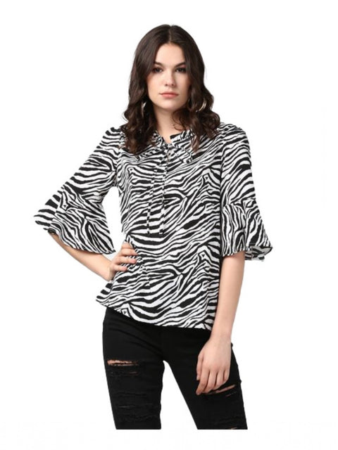 Generic Women's Polyester Animal Print Bell Sleeve Top (Black - White)