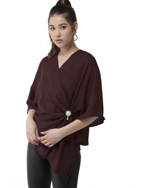Generic Women's Polyester Solid Cape Sleeve Top (Maroon)
