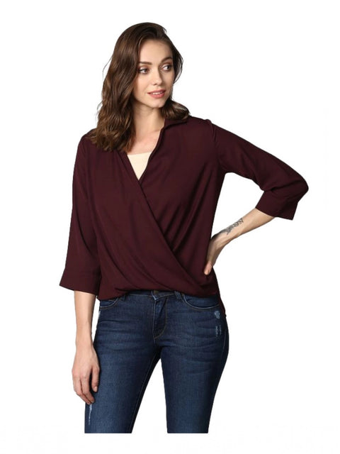 Generic Women's Polyester Solid 3-4th Sleeves Top (Maroon)