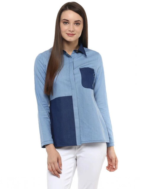 Generic Women's Denim Patch Work Long Sleeves Regular Top (Blue)