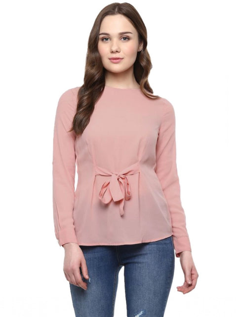 Generic Women's Polyester Solid Long Sleeves Regular Top (Pink)