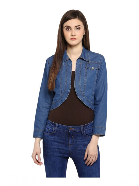 Women's Denim Solid 3-4th Sleeves Shrug (Blue)